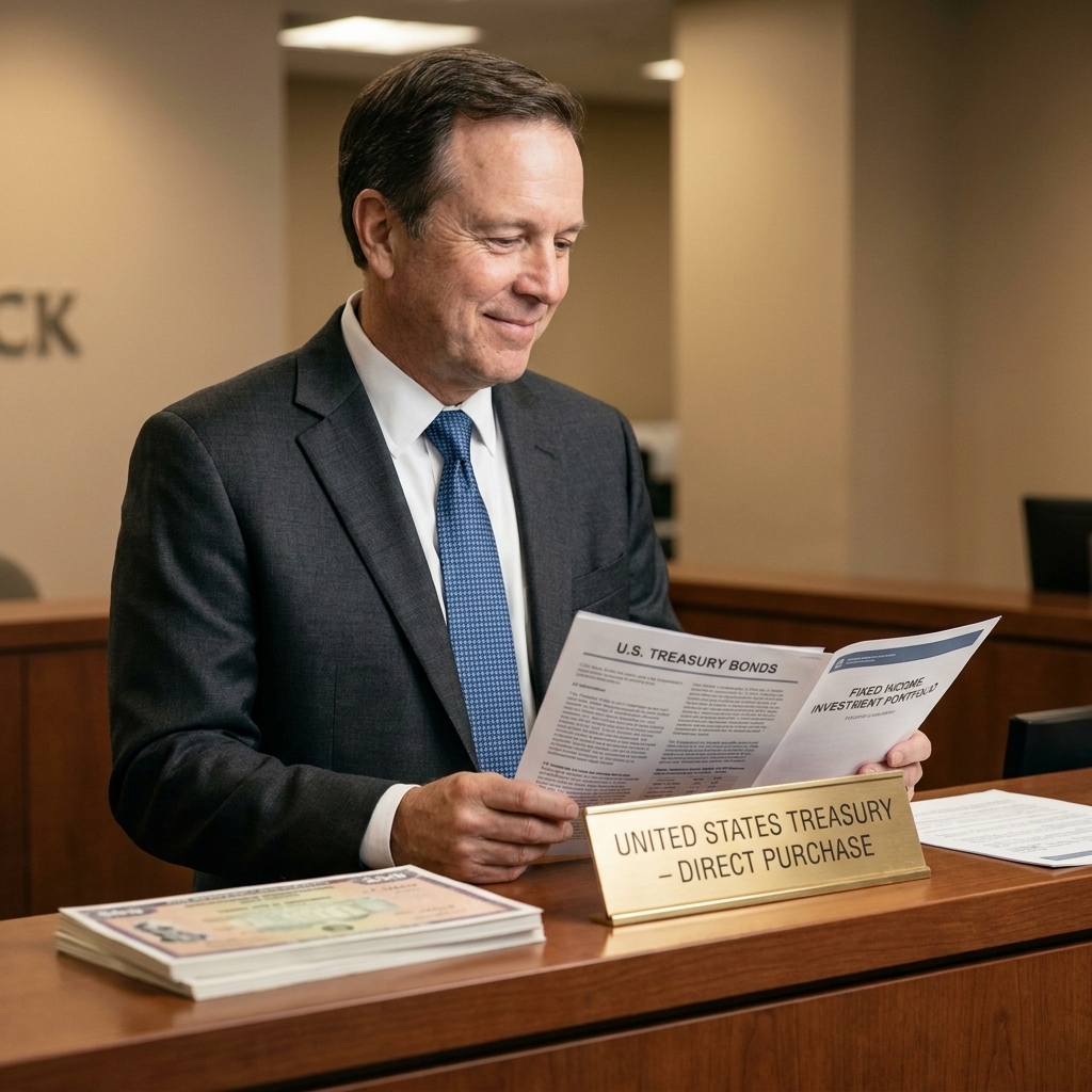 A U.S. Treasury sign and paperwork at a financial counter, representing government bonds and fixed income investing