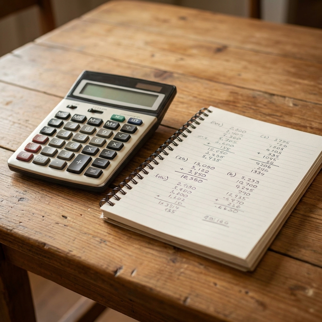 A calculator next to a notebook with handwritten numbers on a wooden kitchen table.