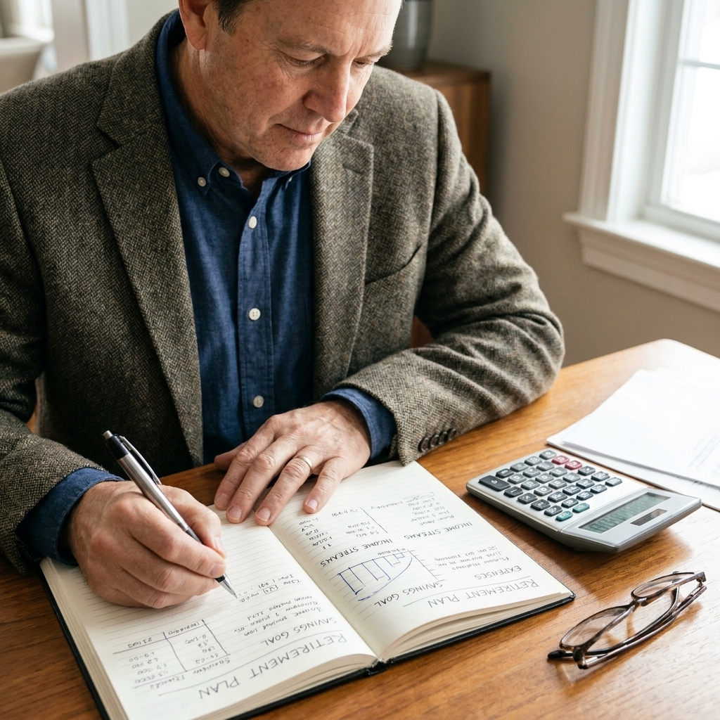 A close-up photo of a notebook on a table with a pen and a calculator beside it, showing someone planning retirement finances