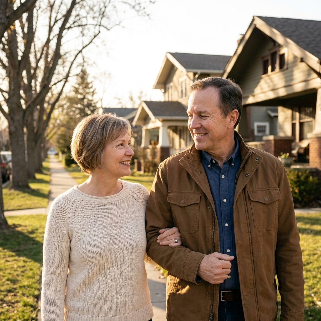 A couple in their early sixties taking a walk through a quiet neighborhood in the late afternoon