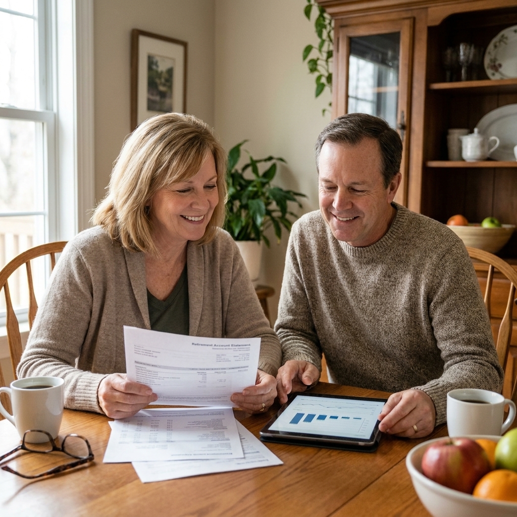 A couple in their late 50s sitting together at a dining table reviewing retirement account statements with a relaxed, relieved expression