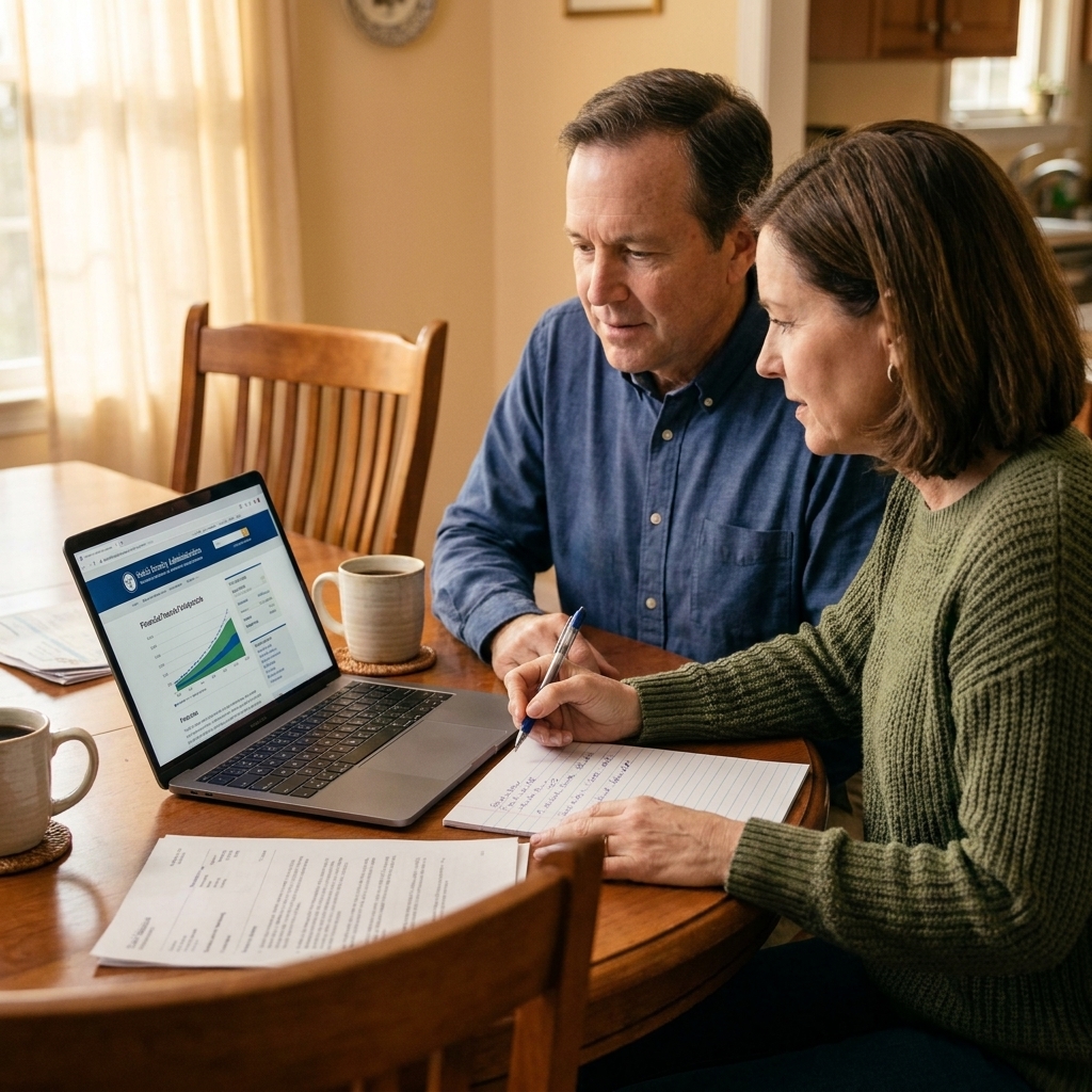 A couple seated at a dining table looking at a laptop screen together while reviewing financial notes, suggesting they are checking Social Security or retirement account information