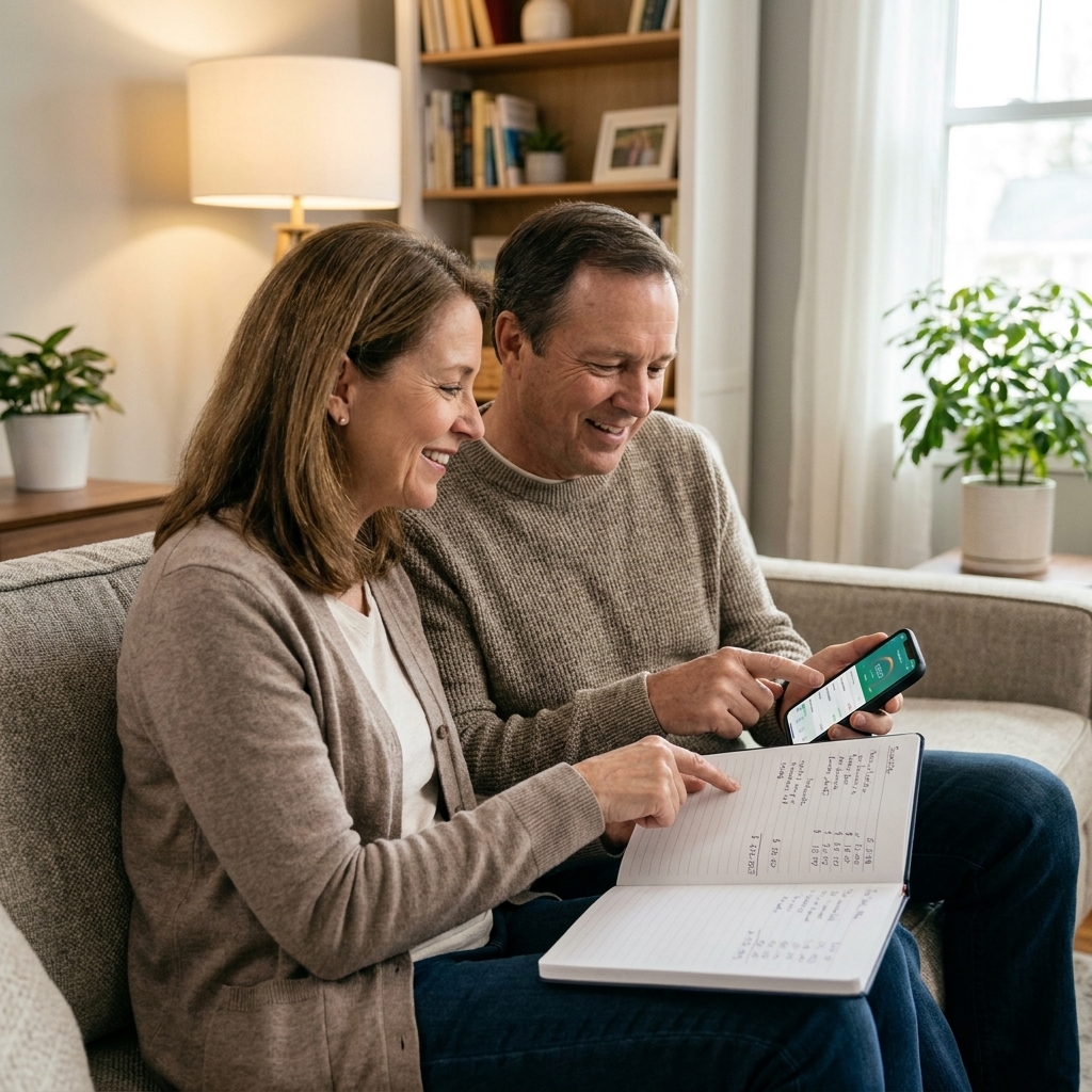 A couple sitting on a couch with a notebook and smartphone, calmly discussing their monthly budget and savings goals in a relaxed living room