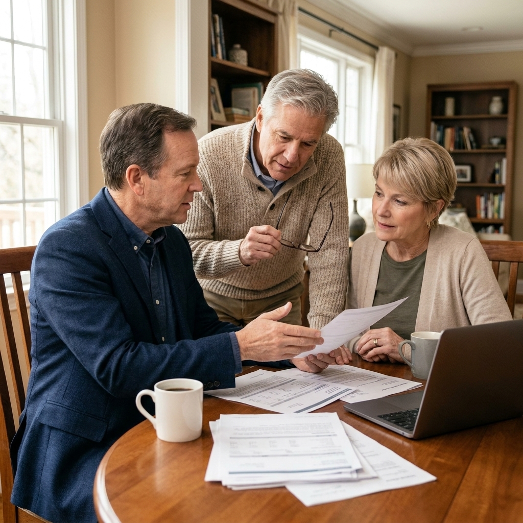 A financial advisor meeting with a couple in their 60s at a home dining table, reviewing retirement statements and discussing income options