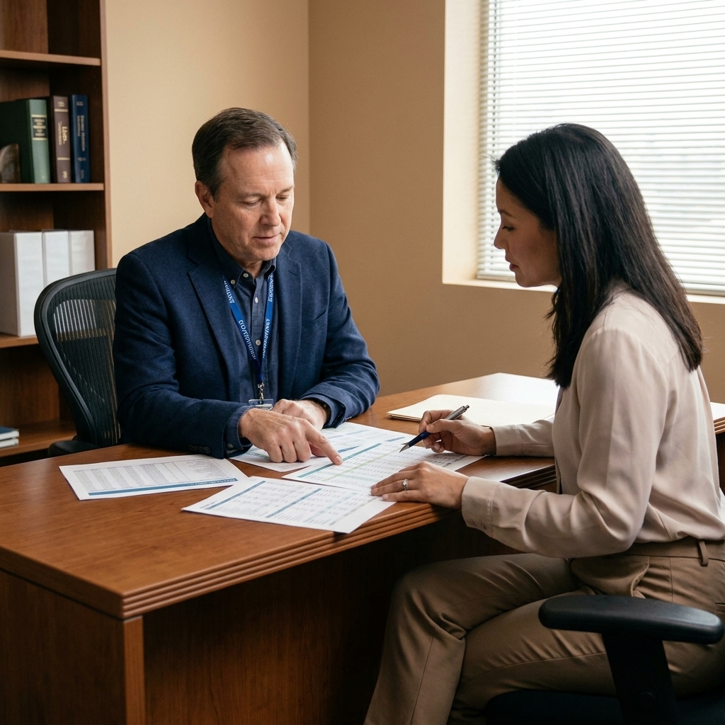 A government employee in business-casual clothing meeting with a financial planner in a quiet office, both reviewing documents across a desk