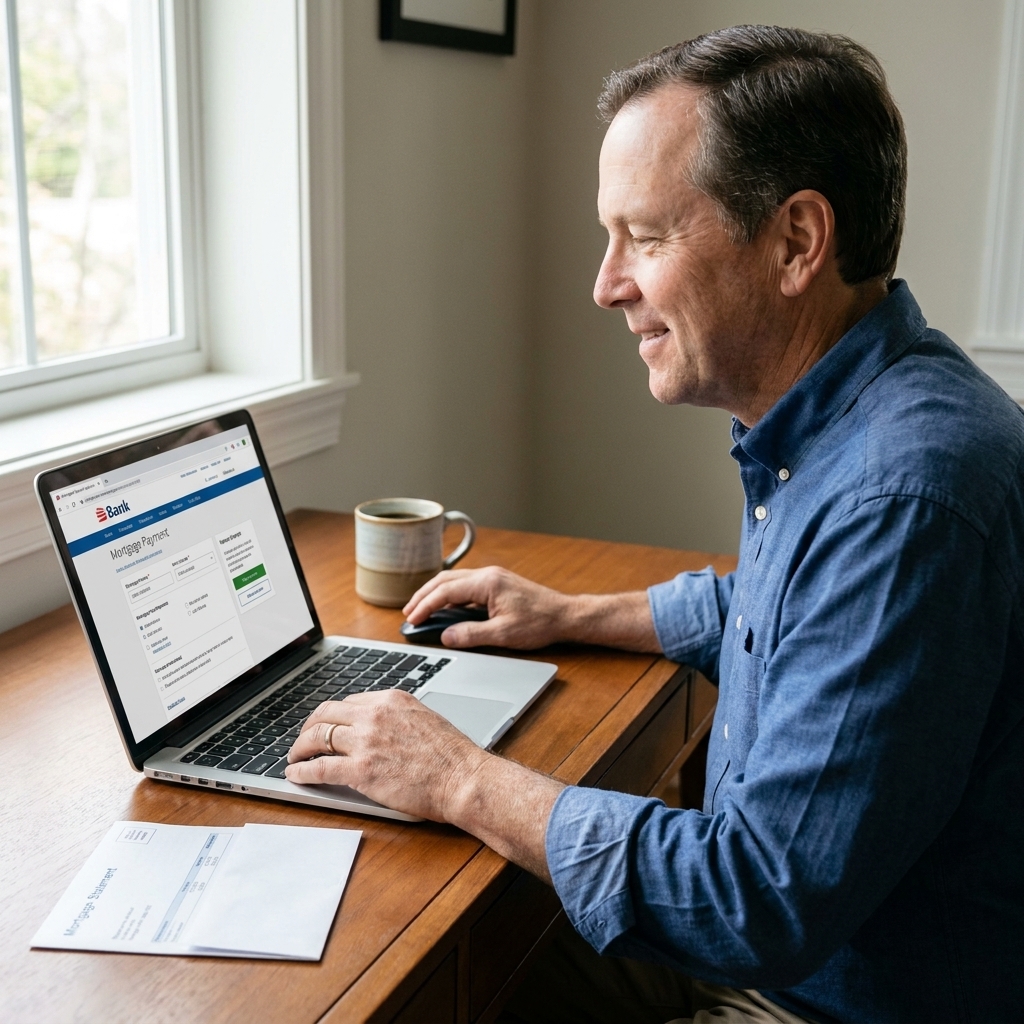 A homeowner sitting at a desk at home making an online payment on a laptop, with a mortgage statement and a cup of coffee nearby