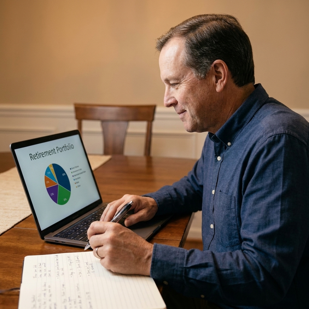 A man in his 50s sitting at a dining table reviewing his retirement portfolio allocation on a laptop with a notebook beside him