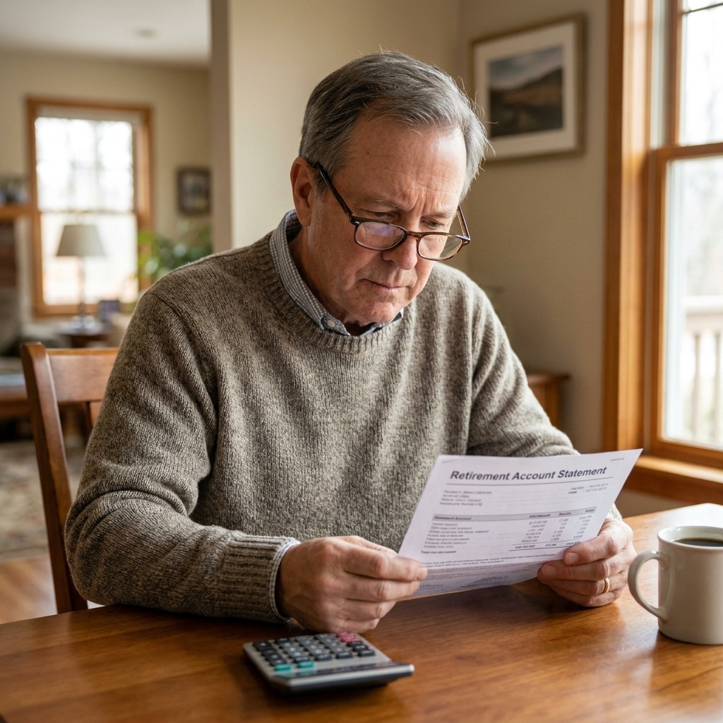 A man in his early 60s sitting at a dining table at home, reviewing a retirement account statement with reading glasses and a calculator nearby
