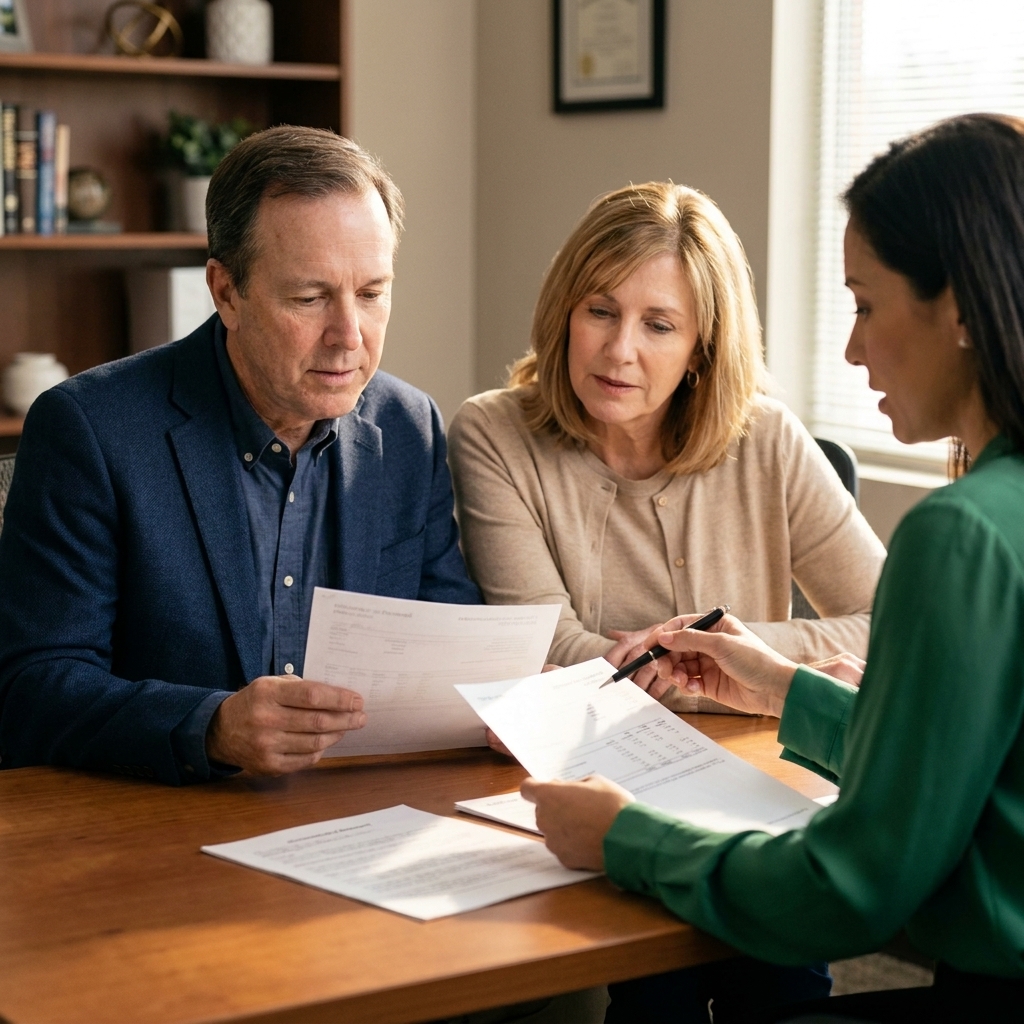 A married couple in their late 50s sitting with a financial professional in an office, reviewing retirement account statements together