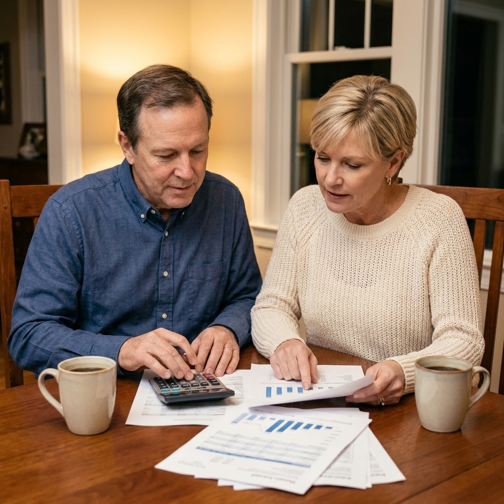 A middle-aged couple sitting at a dining table reviewing retirement account statements together with a calculator and coffee mugs
