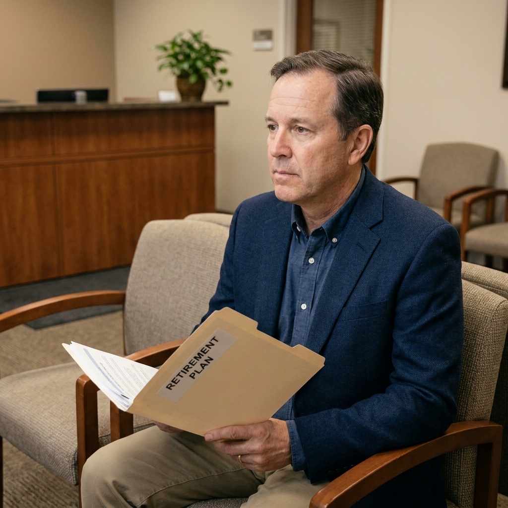 A middle-aged person sitting in a quiet insurance office lobby holding a folder of retirement paperwork, looking thoughtful before a meeting