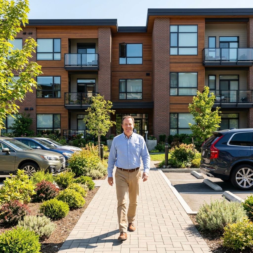 A modern mid-rise apartment building exterior on a clear day with landscaped walkways and parked cars