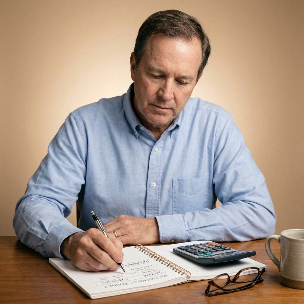 A notebook and calculator on a wooden table as someone writes a simple retirement budget