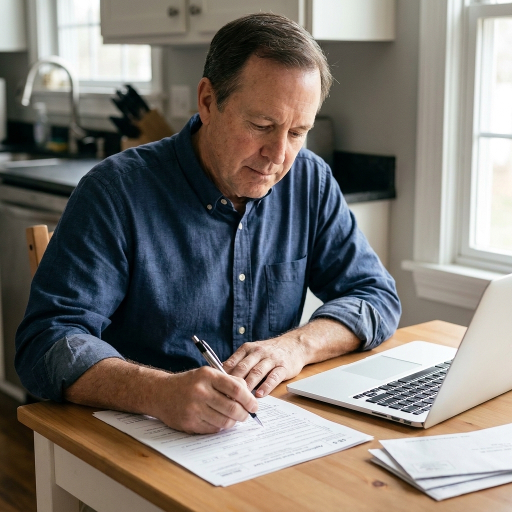A person at a kitchen table filling out paperwork with a pen next to a laptop and a small stack of mail, suggesting a Social Security form being completed
