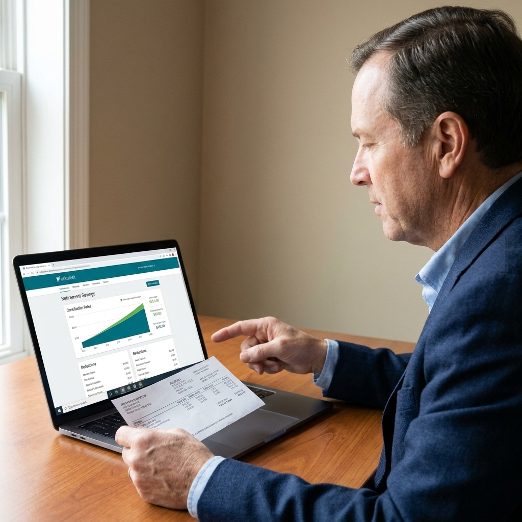 A person holding a printed paystub while looking at a retirement plan website on a laptop, focusing on contribution percentages and deductions