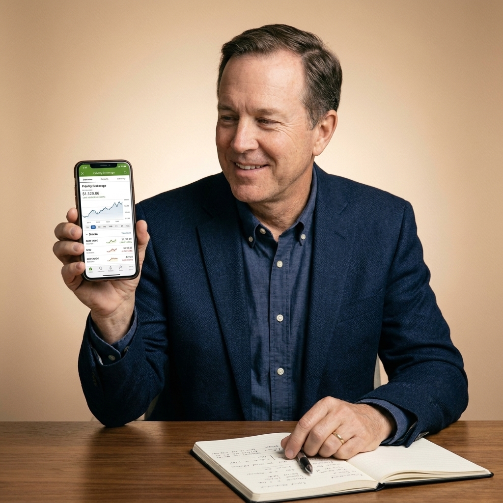 A person holding a smartphone showing a major brokerage app account overview while sitting at a desk with a notebook and pen