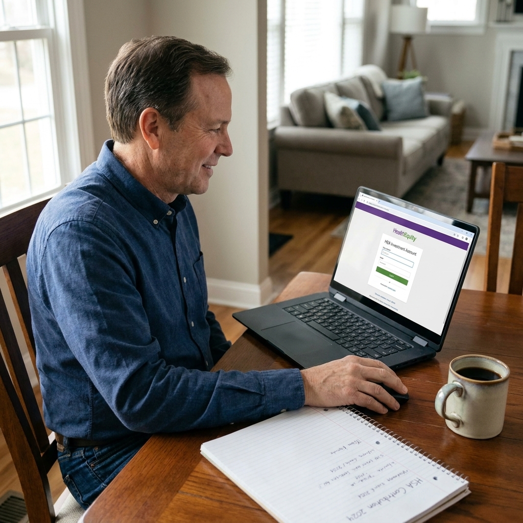 A person logs into an HSA investment account on a laptop at home with a notebook and coffee nearby