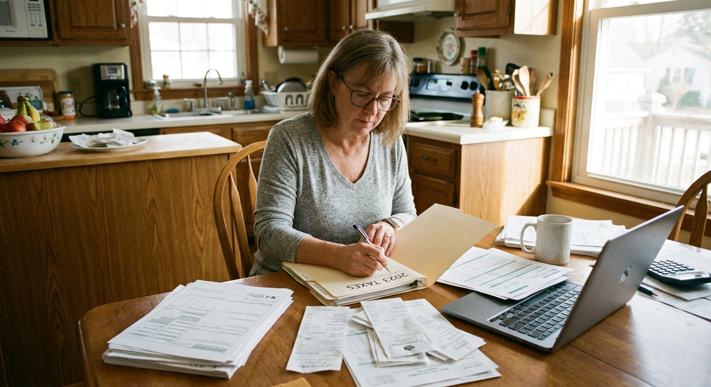 A person organizing W-2 forms and tax documents on a kitchen table with a pen and folder