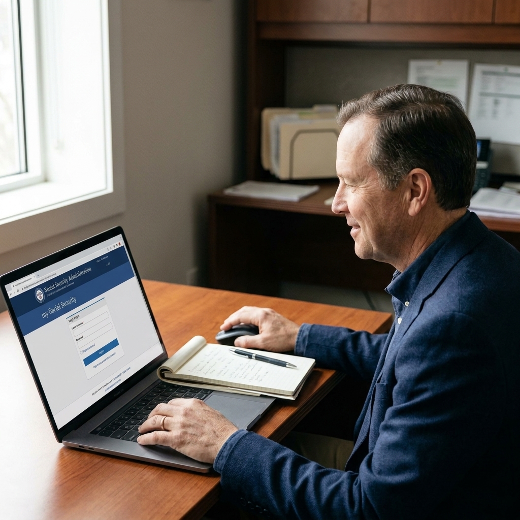A person sitting at a desk logging into a Social Security online account on a laptop, with a notebook and pen nearby