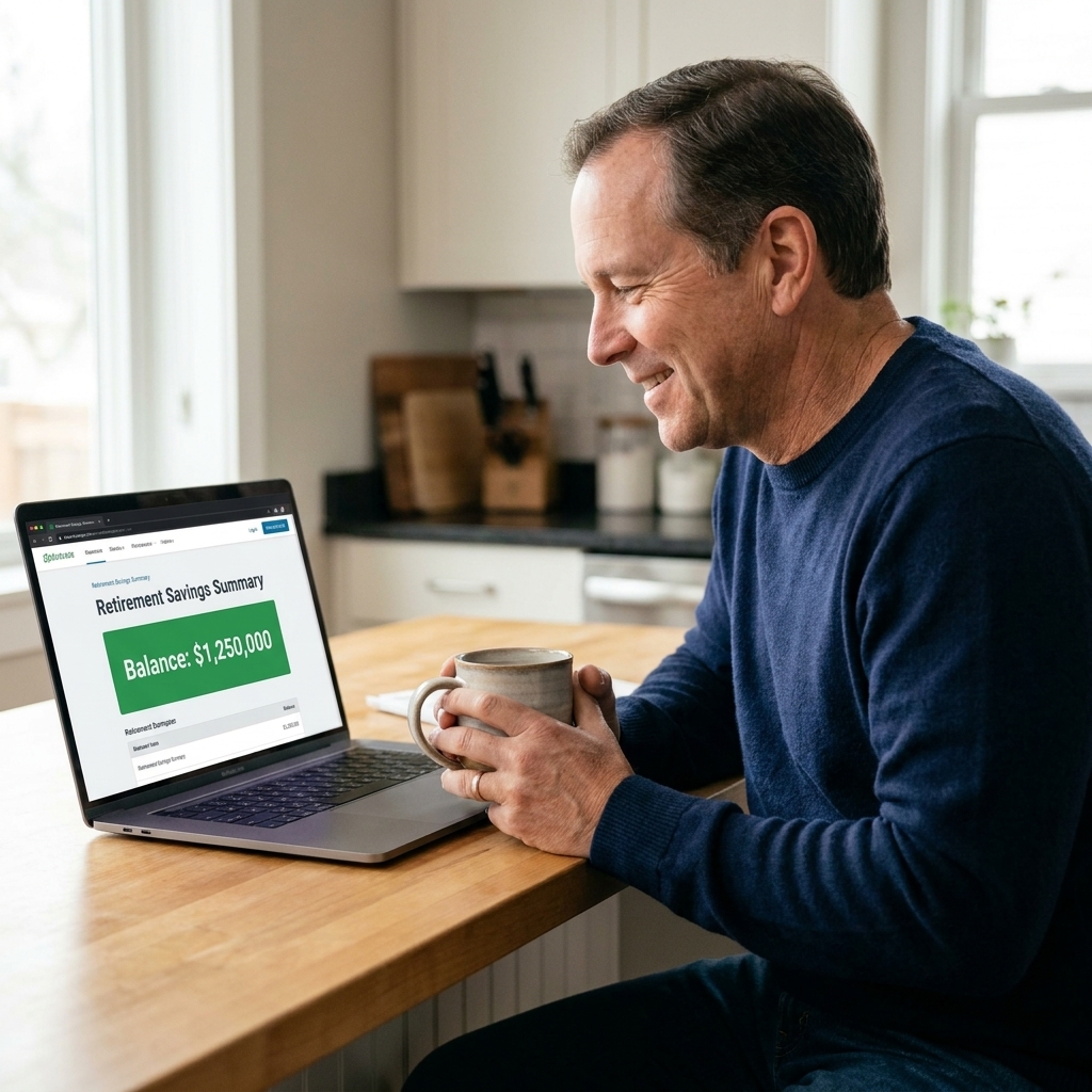 A person sitting at a kitchen counter with a laptop open to a retirement account balance page, holding a mug and looking relieved