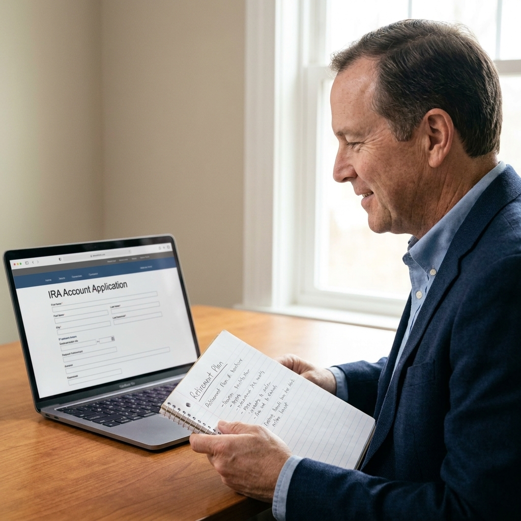 A person using a laptop at home to open an IRA account online while holding a notebook with retirement planning notes