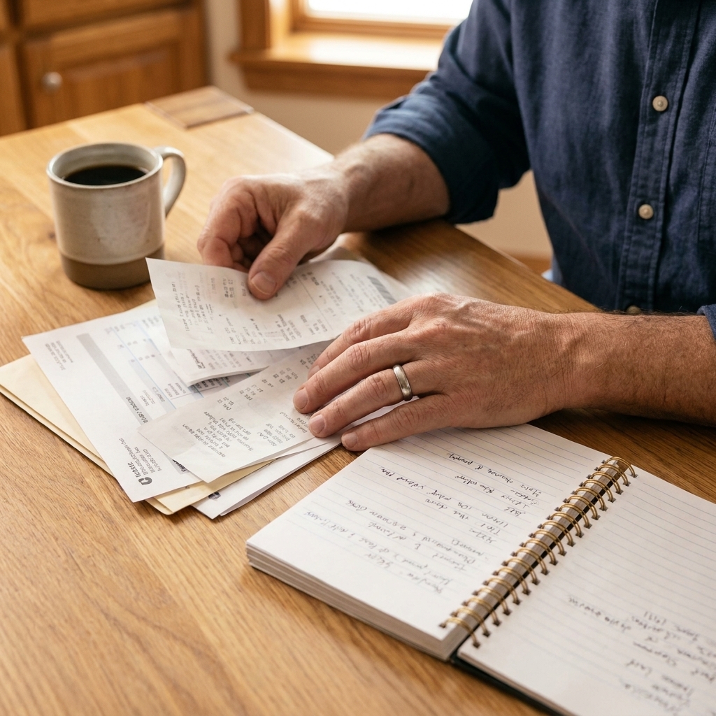 A person’s hands organizing financial documents and a notebook on a kitchen table next to a cup of coffee