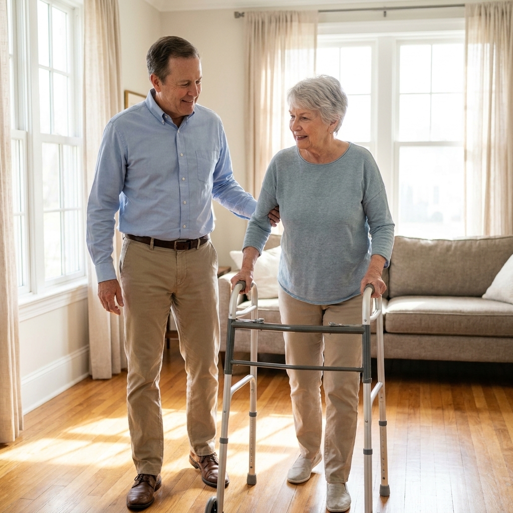 A professional home caregiver assisting an older adult with a walker in a bright living room, candid everyday moment