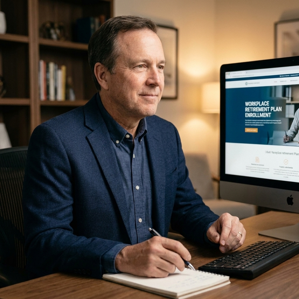 A professional in their 50s sitting at a desk, reviewing workplace retirement plan enrollment information on a computer while holding a pen