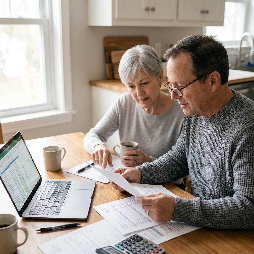 A real-life photograph of a retired couple sitting at a kitchen table with paperwork and a laptop, calmly reviewing finances in natural window light