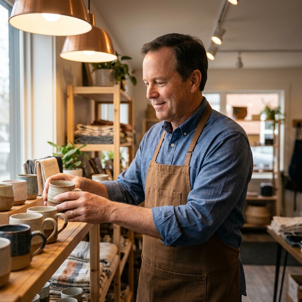 A real-life photograph of an older adult working a calm part-time shift in a small retail store, arranging items on a shelf under warm indoor lighting