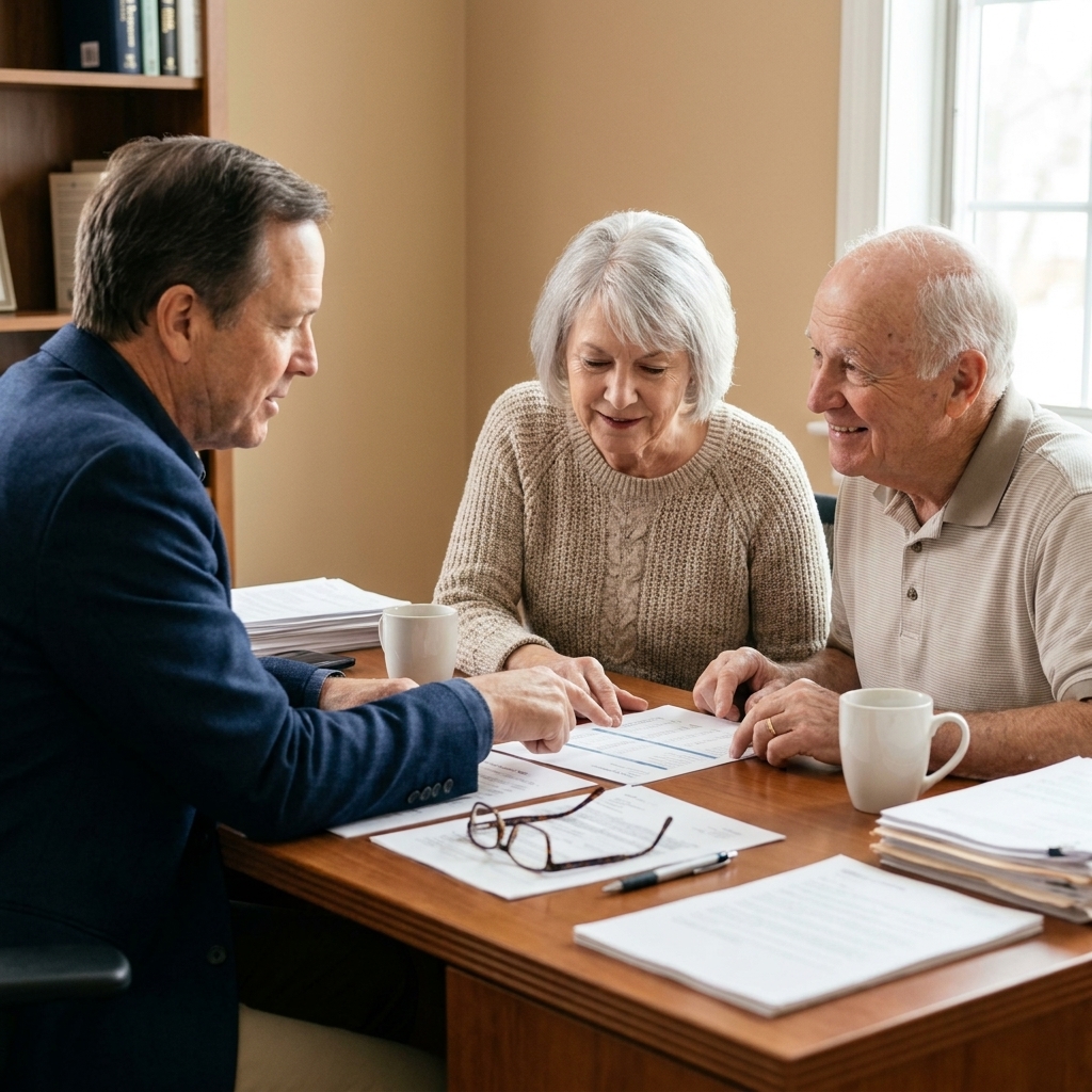 A retired couple sitting across a desk from a financial advisor, reviewing papers together.