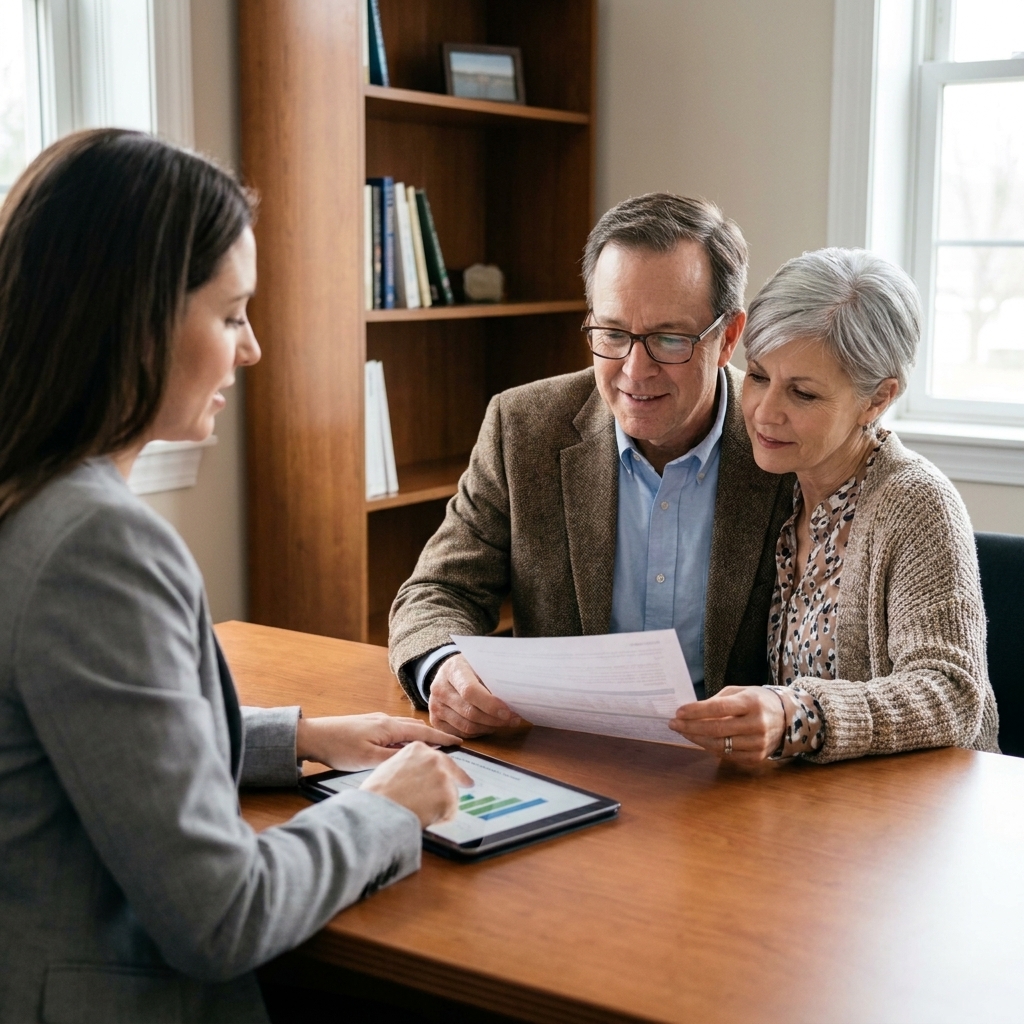 A retired couple sitting across from a financial advisor at a small office table, reviewing paperwork together in a calm, professional setting