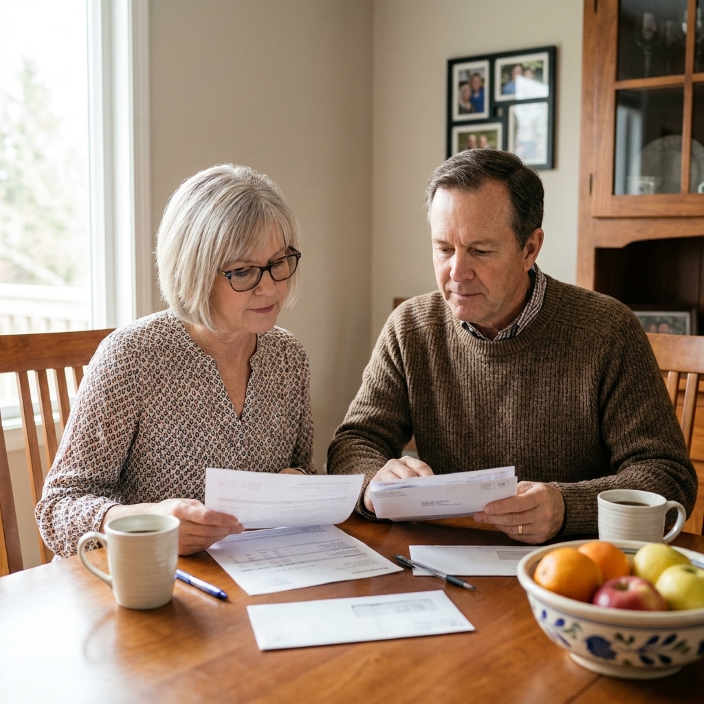A retired couple sitting at a dining table reviewing mail and account statements together with a calm, focused expression