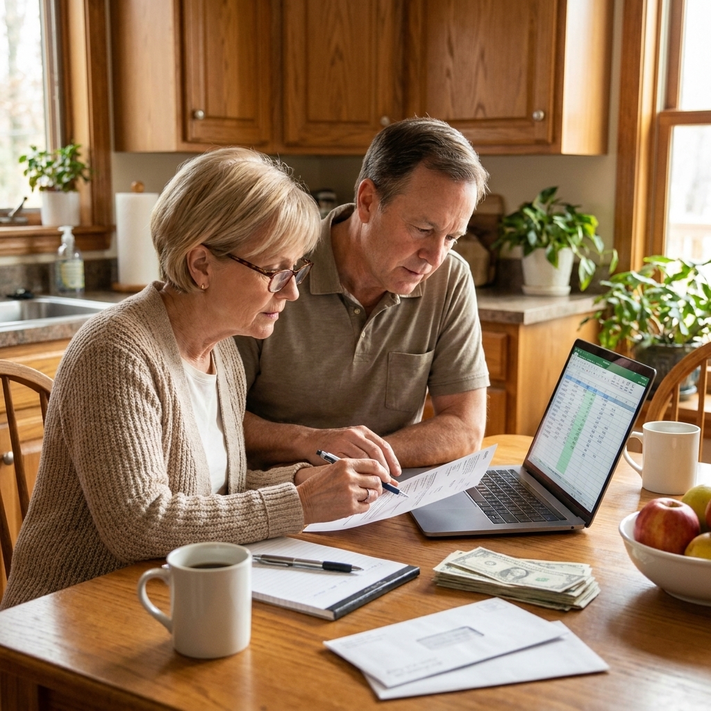 A retired couple sitting at a kitchen table at home, reviewing monthly bills and retirement documents together with a laptop and notepad
