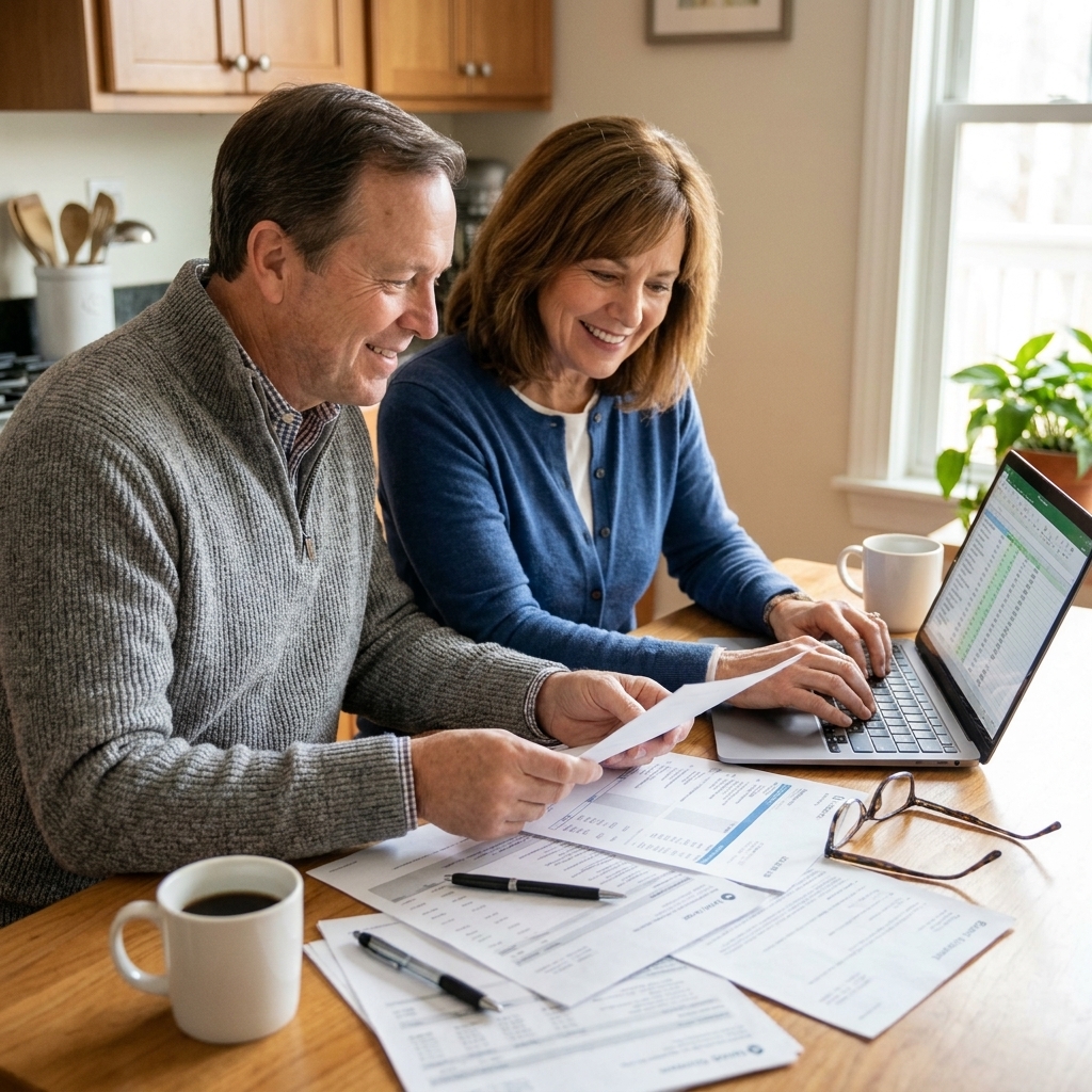 A retired couple sitting at a kitchen table reviewing paperwork together with a laptop