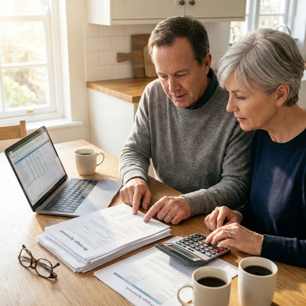 A retired couple sitting at a kitchen table reviewing mortgage paperwork with a laptop and a calculator, looking focused and calm.