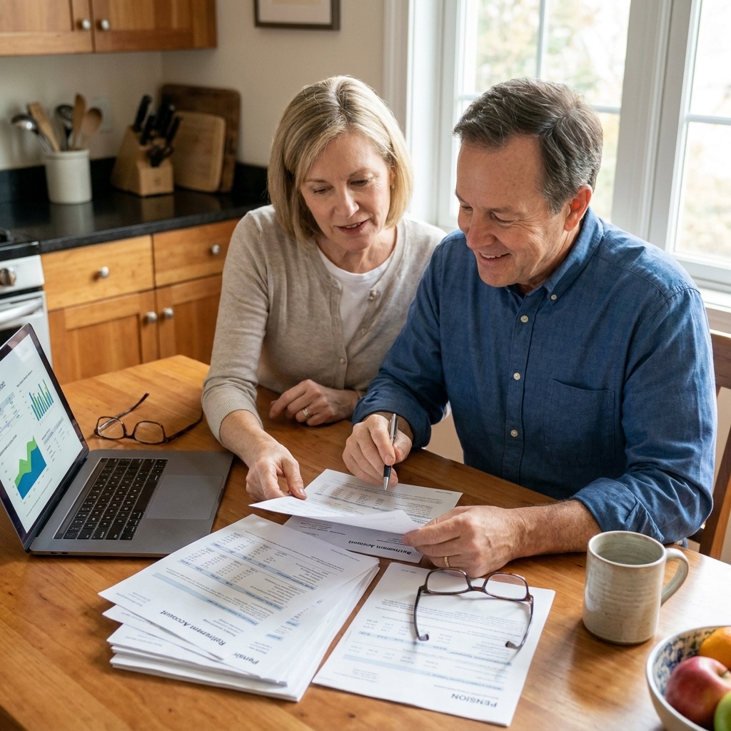 A retired couple sitting at a kitchen table reviewing retirement account statements and paperwork with a laptop and reading glasses nearby, natural light, realistic photograph