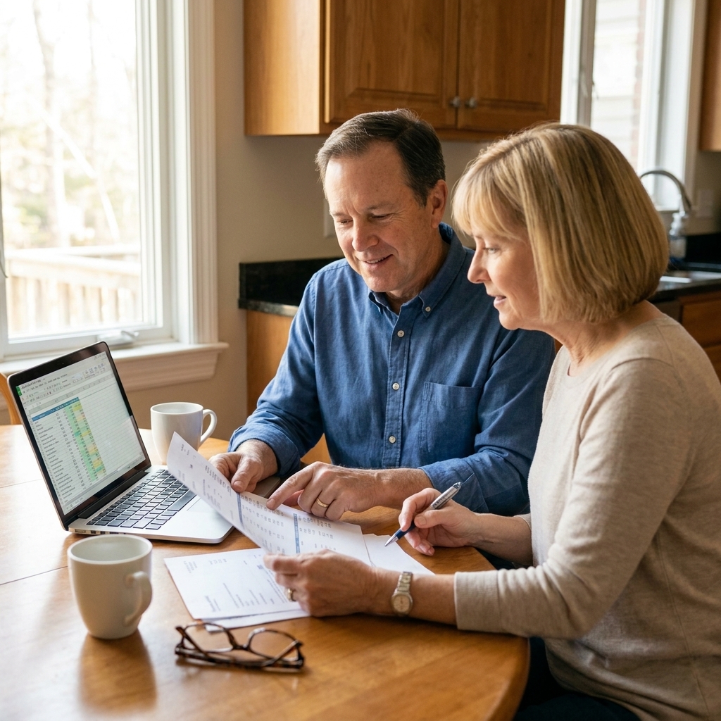 A retired couple sitting at a kitchen table with a laptop and a few printed statements, reviewing their retirement budget in natural morning light