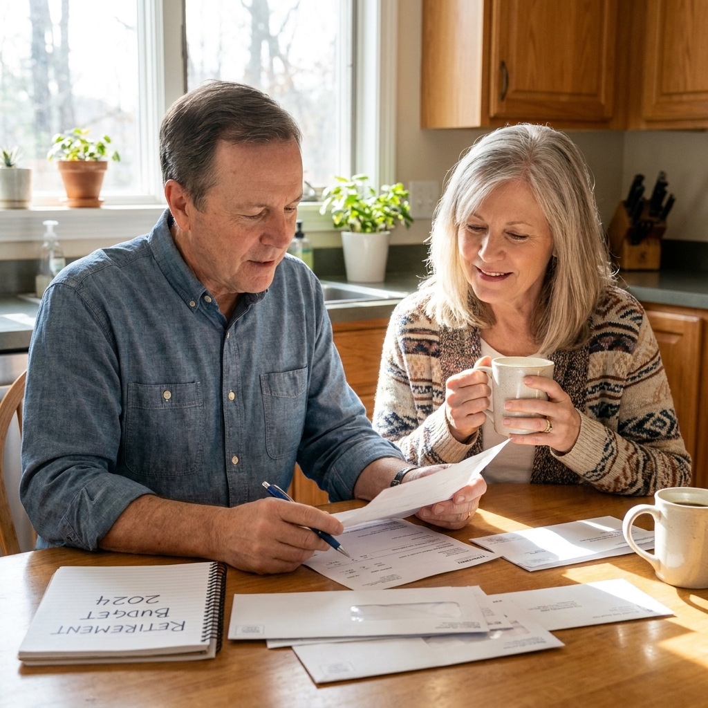 A retired couple sitting at a kitchen table with coffee, reviewing household bills and a retirement budget notebook in natural morning light