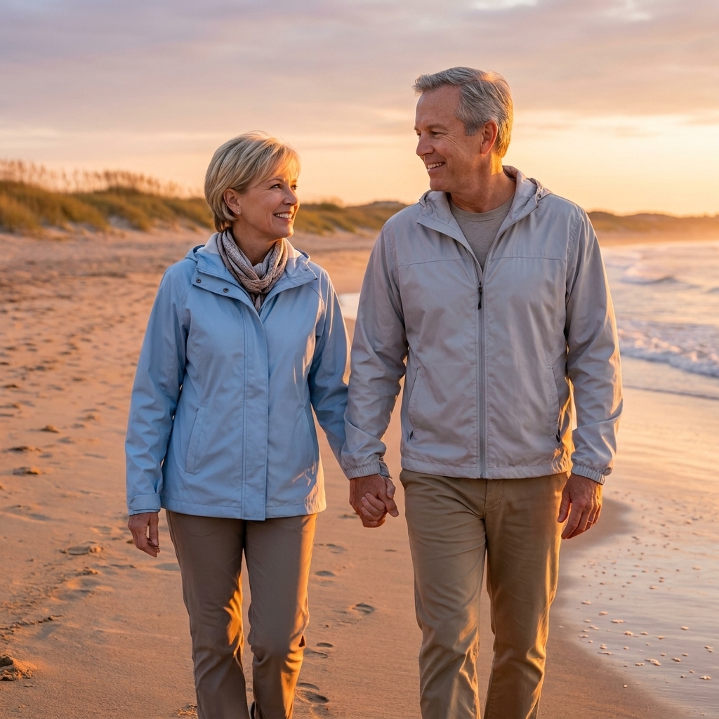 A retired couple walking along a quiet beach in the early morning, wearing light jackets and looking relaxed