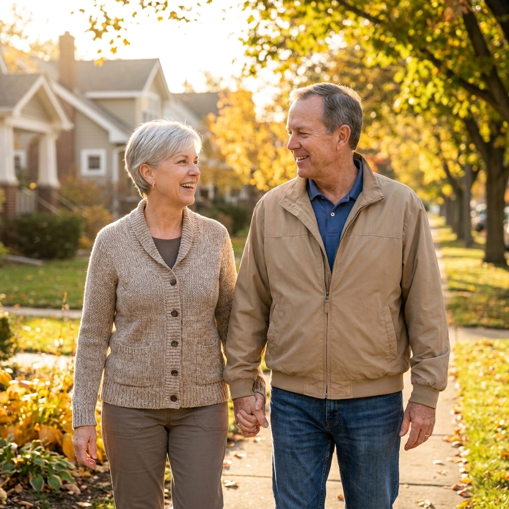 A retired couple walking side by side on a quiet neighborhood sidewalk in the morning light, relaxed and talking