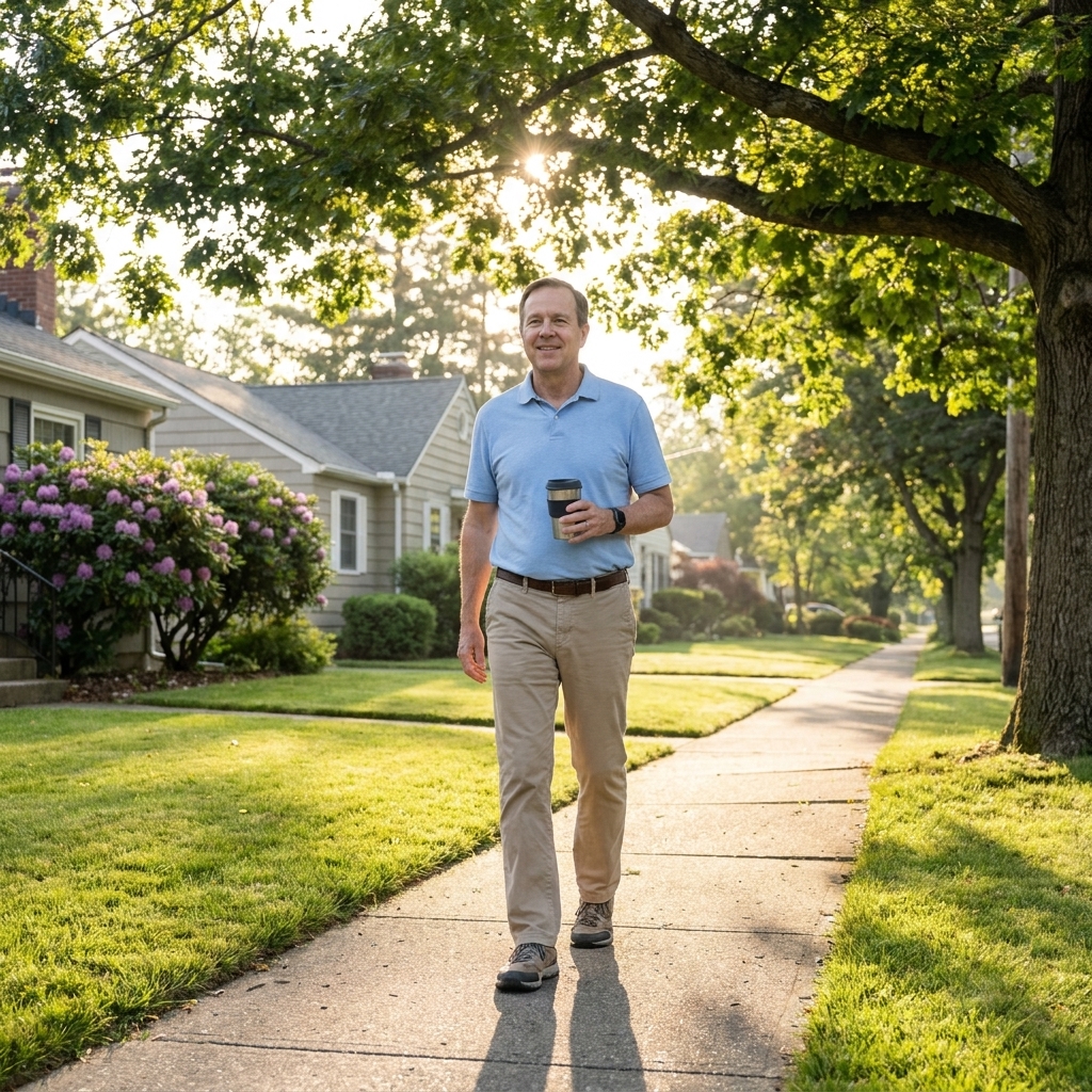 A retired man taking a calm morning walk through a quiet suburban neighborhood as sunlight filters through trees