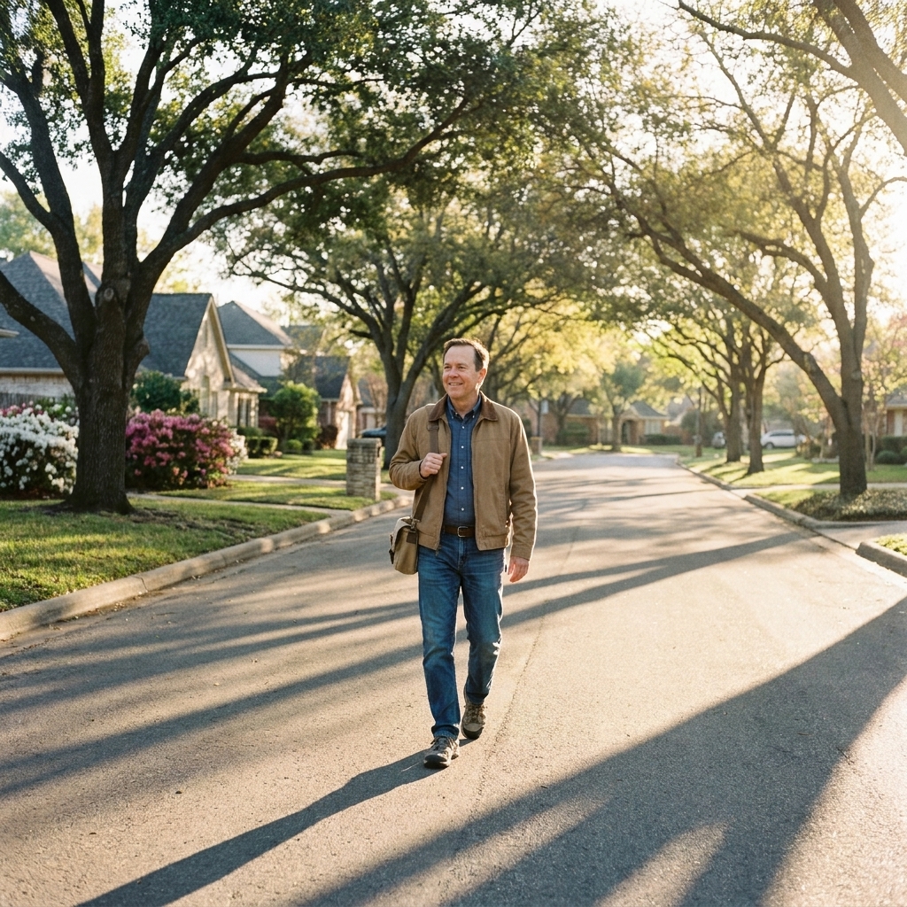 A retired man walking down a quiet suburban neighborhood street in early morning sunlight