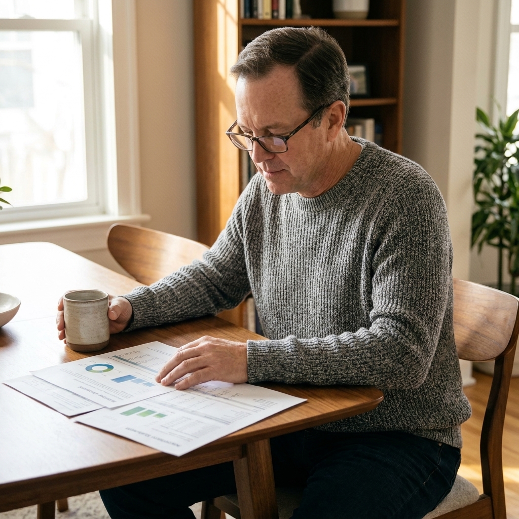 A retiree at home looking over printed investment statements with a cup of coffee, appearing focused and calm