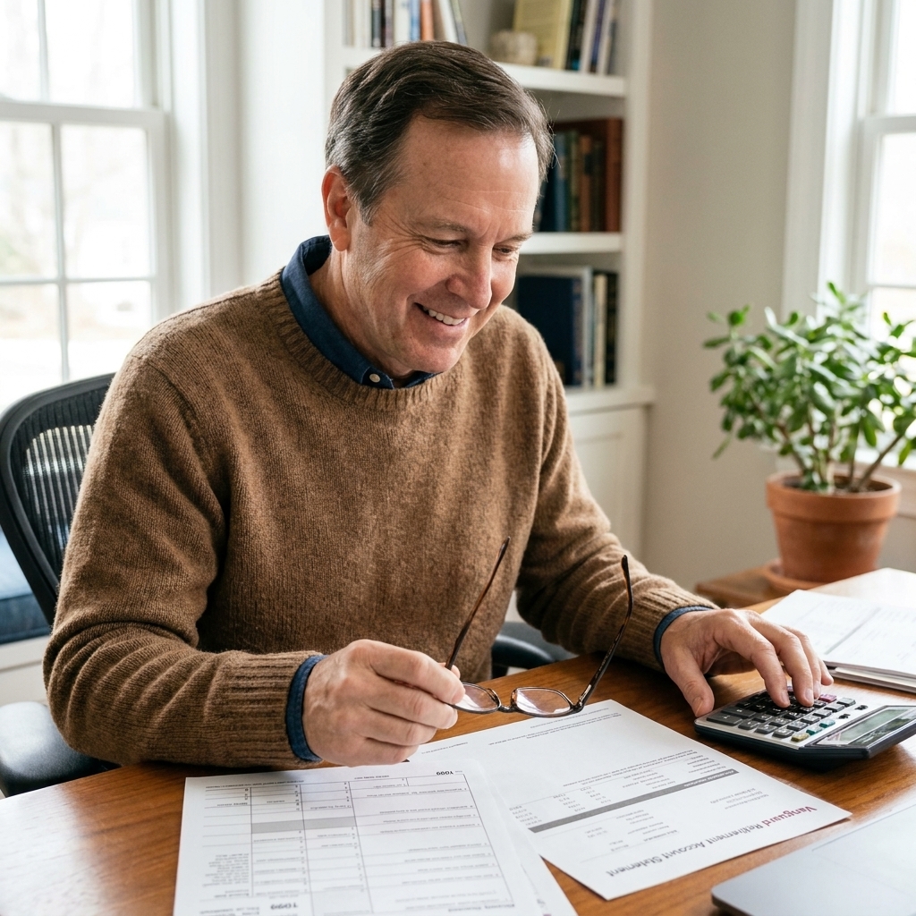 A retiree in a quiet home office reviewing tax paperwork and a retirement account statement on a desk with a calculator nearby