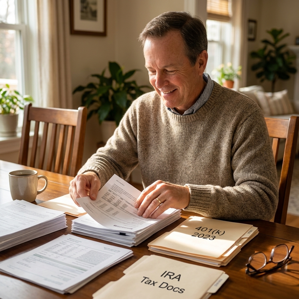 A retiree organizing printed 401(k) and IRA statements into labeled folders on a dining table, realistic photograph