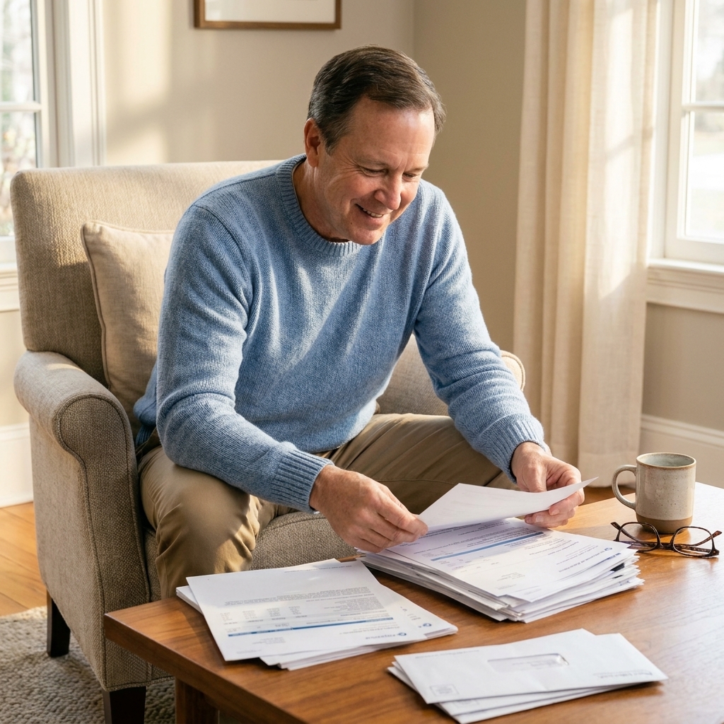 A retiree seated in a living room chair sorting retirement account statements and unopened mail on a coffee table