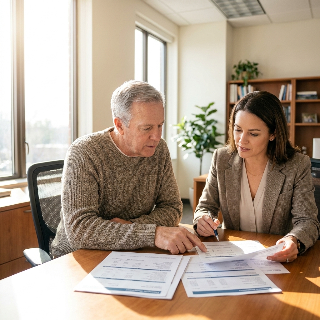 A retiree sitting across a desk from a financial professional in a bright office, reviewing printed statements together.
