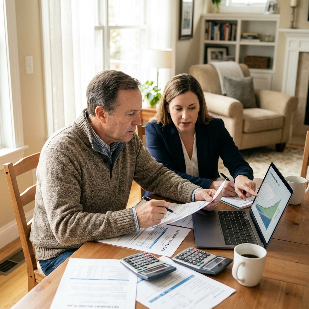 A retiree sitting with a financial planner at a living room table reviewing retirement income documents and a laptop, realistic photograph