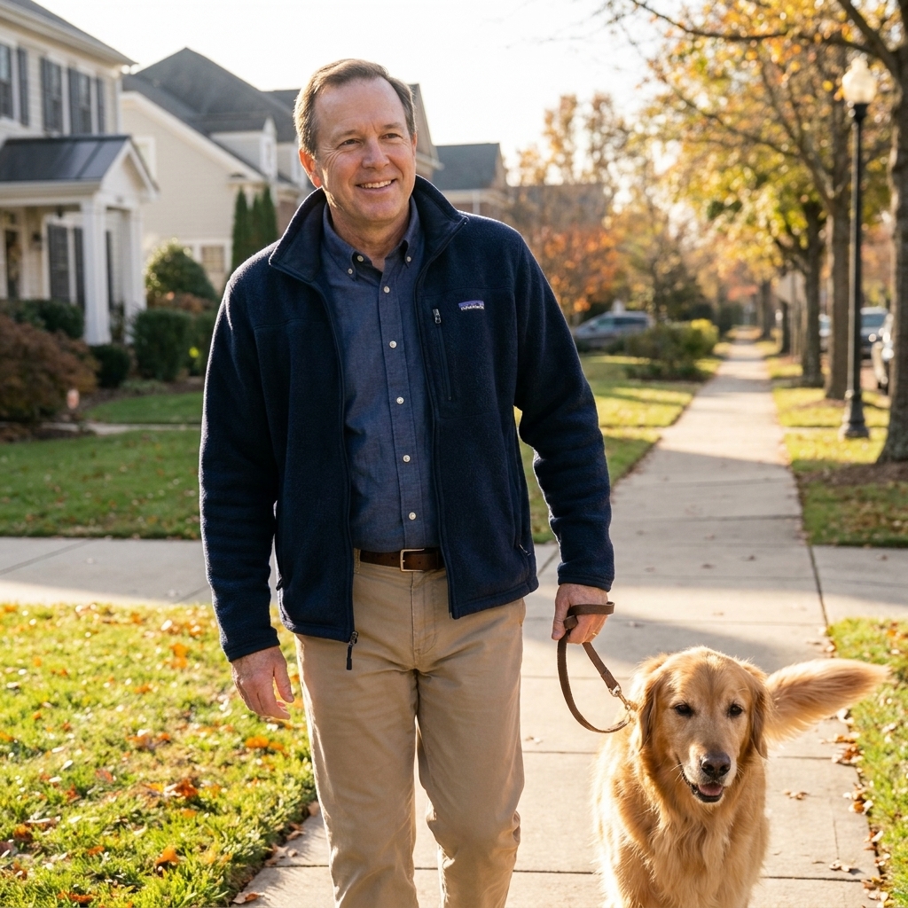 A retiree walking a medium-sized-dog on a quiet suburban sidewalk on a clear morning